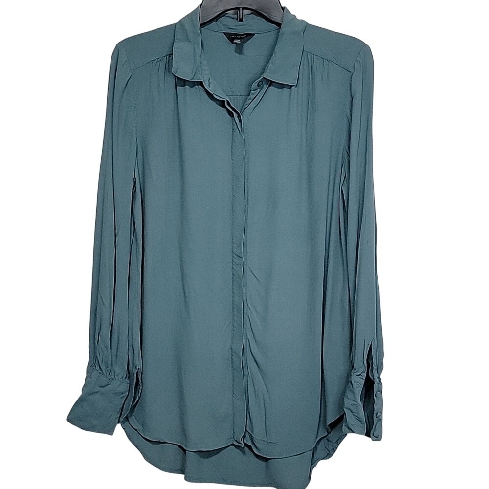 The Limited Women PM Petite Medium‎ Teal Blue Viscose Button Down Blouse Top